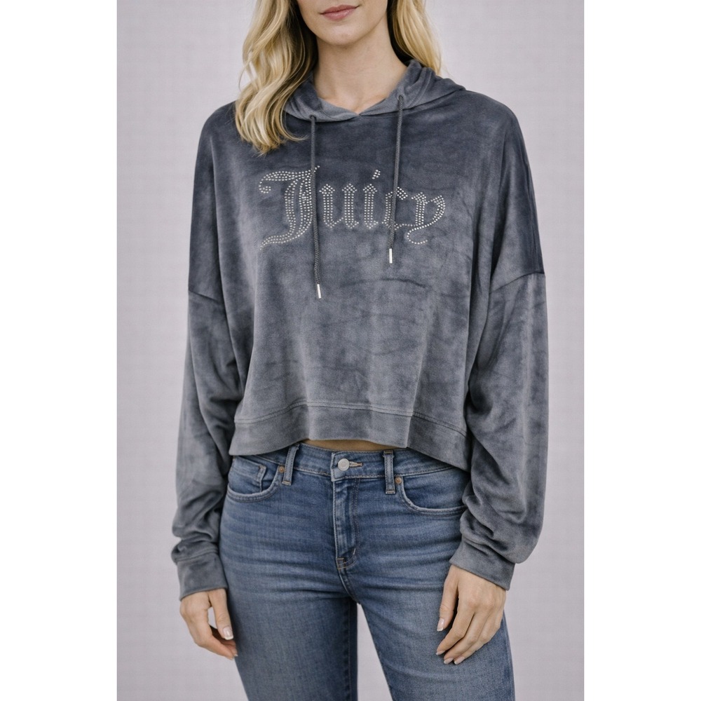 Juicy Couture Sleep‎ Hoodie Large Gray Velour Pullover Crop Top Y2K Nostalgic